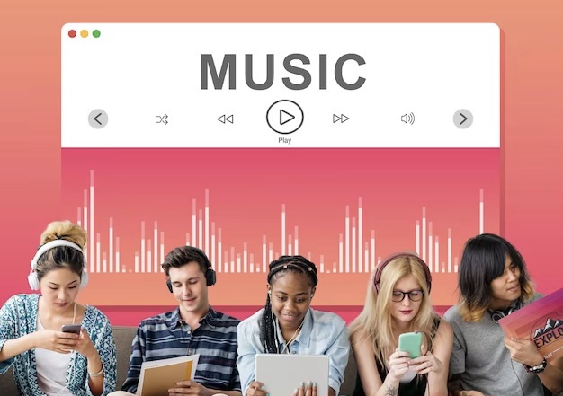 Group of people wearing headphones, music player in the background